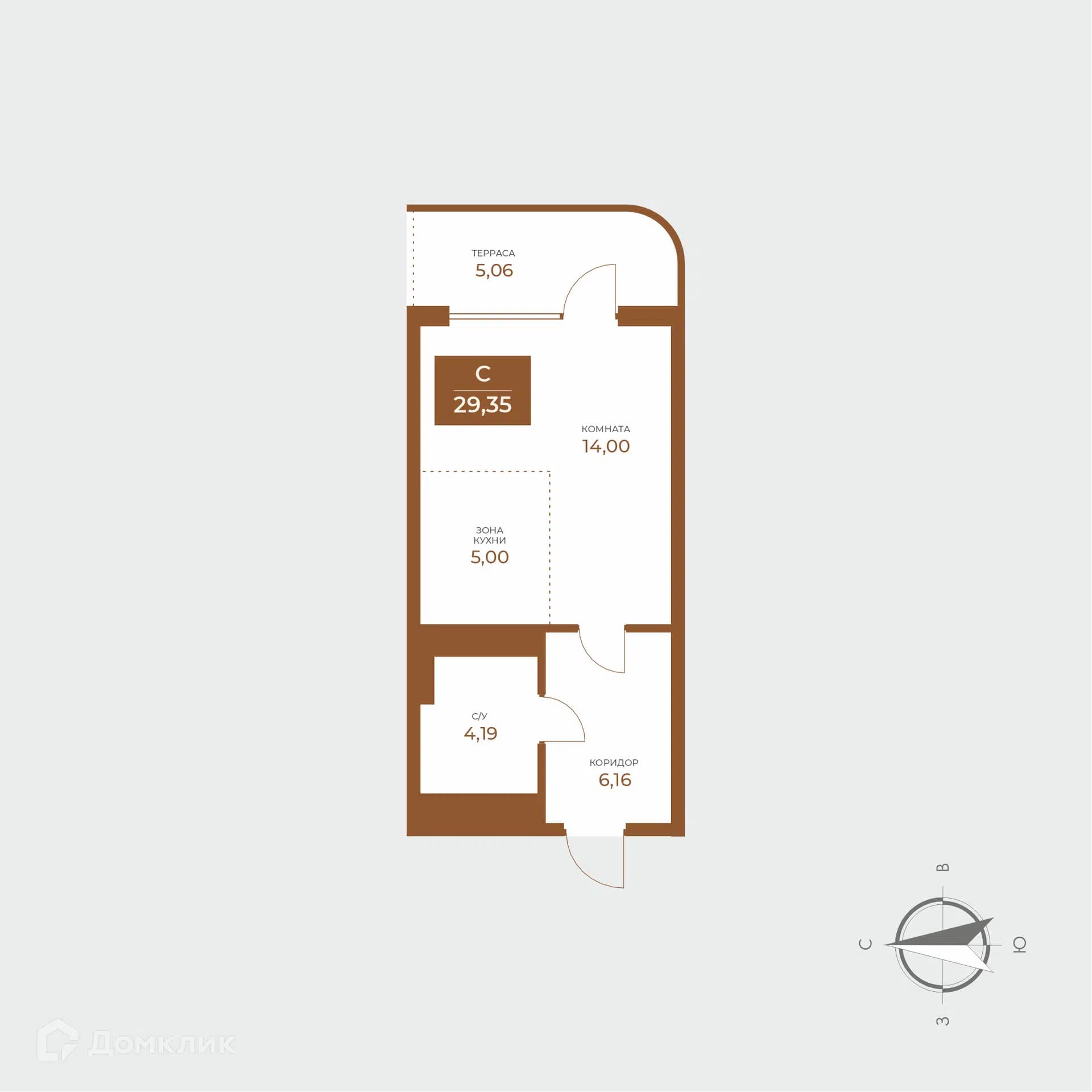 Планировка: 1-комнатная квартира, 29.35 м²