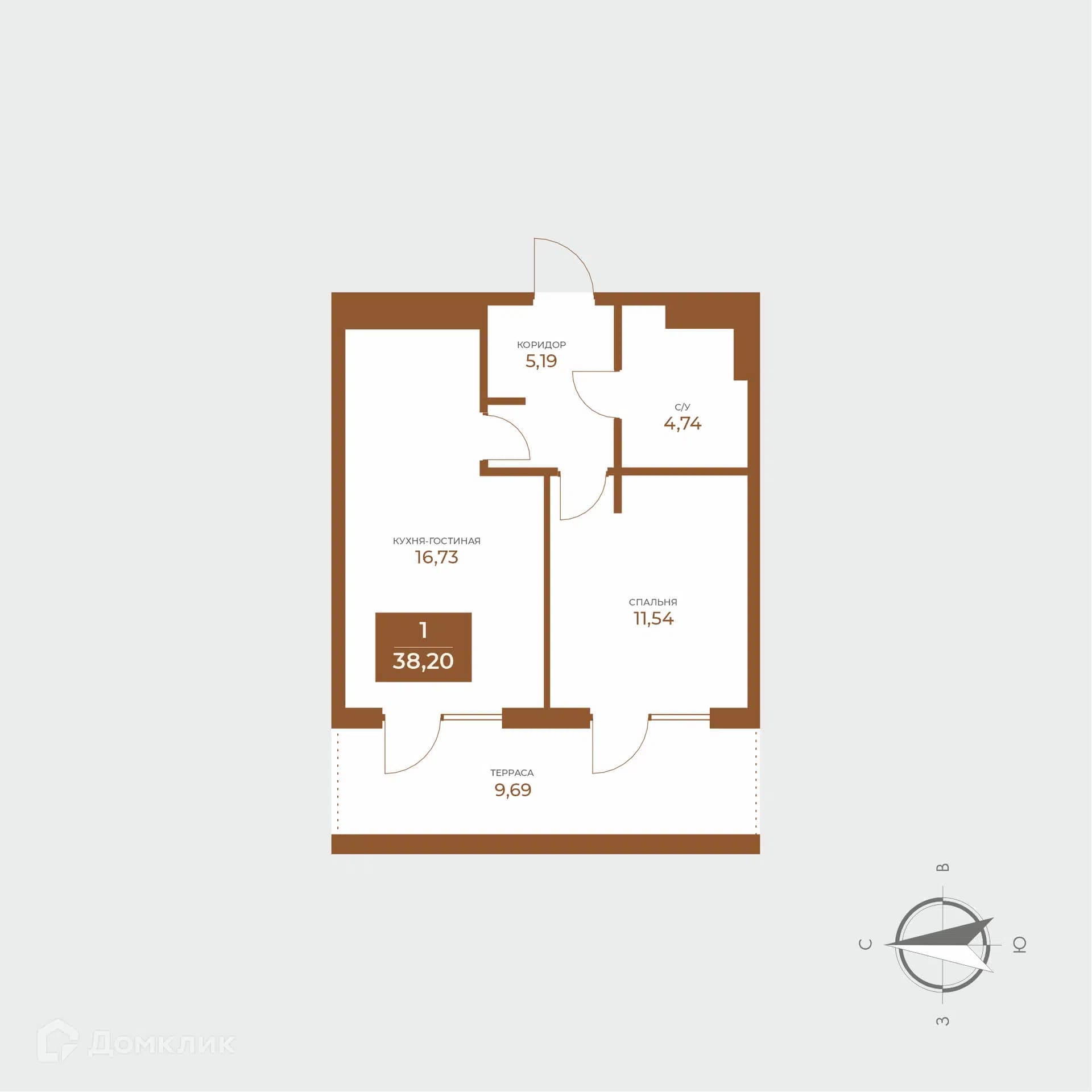 Планировка: 1-комнатная квартира, 38.2 м²