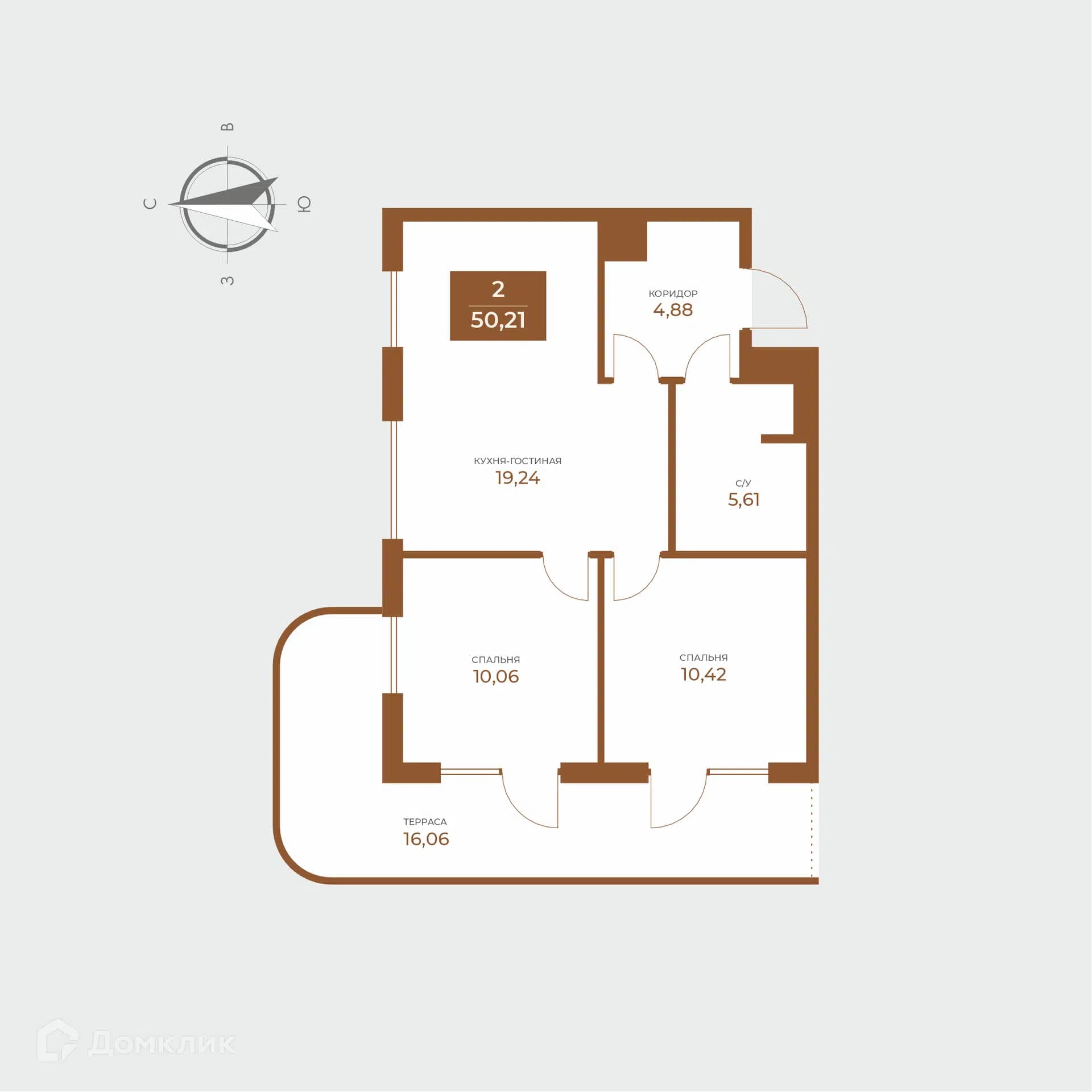 Планировка: 2-комнатная квартира, 50.21 м²