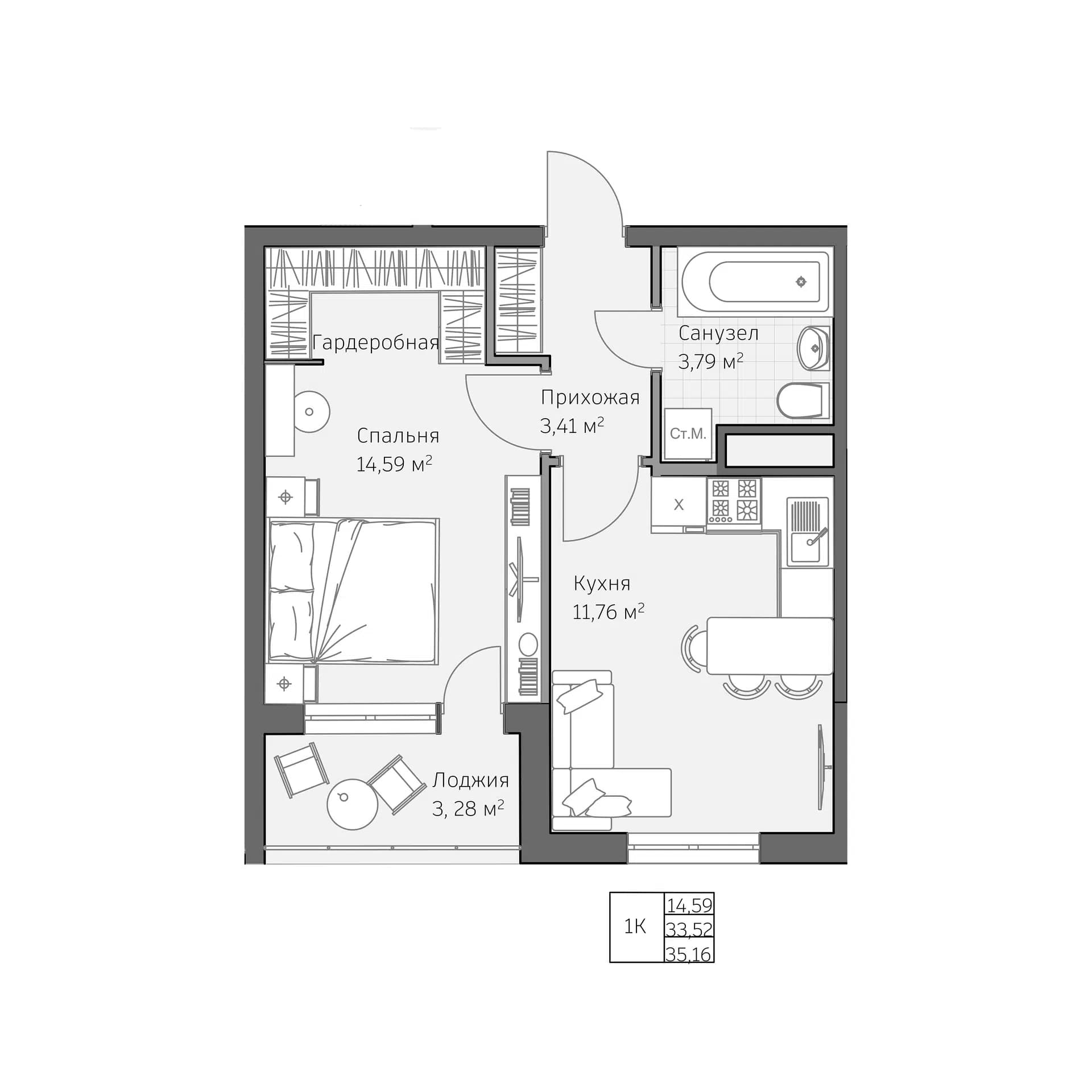 Планировка: 1-комнатная квартира, 35.16 м²