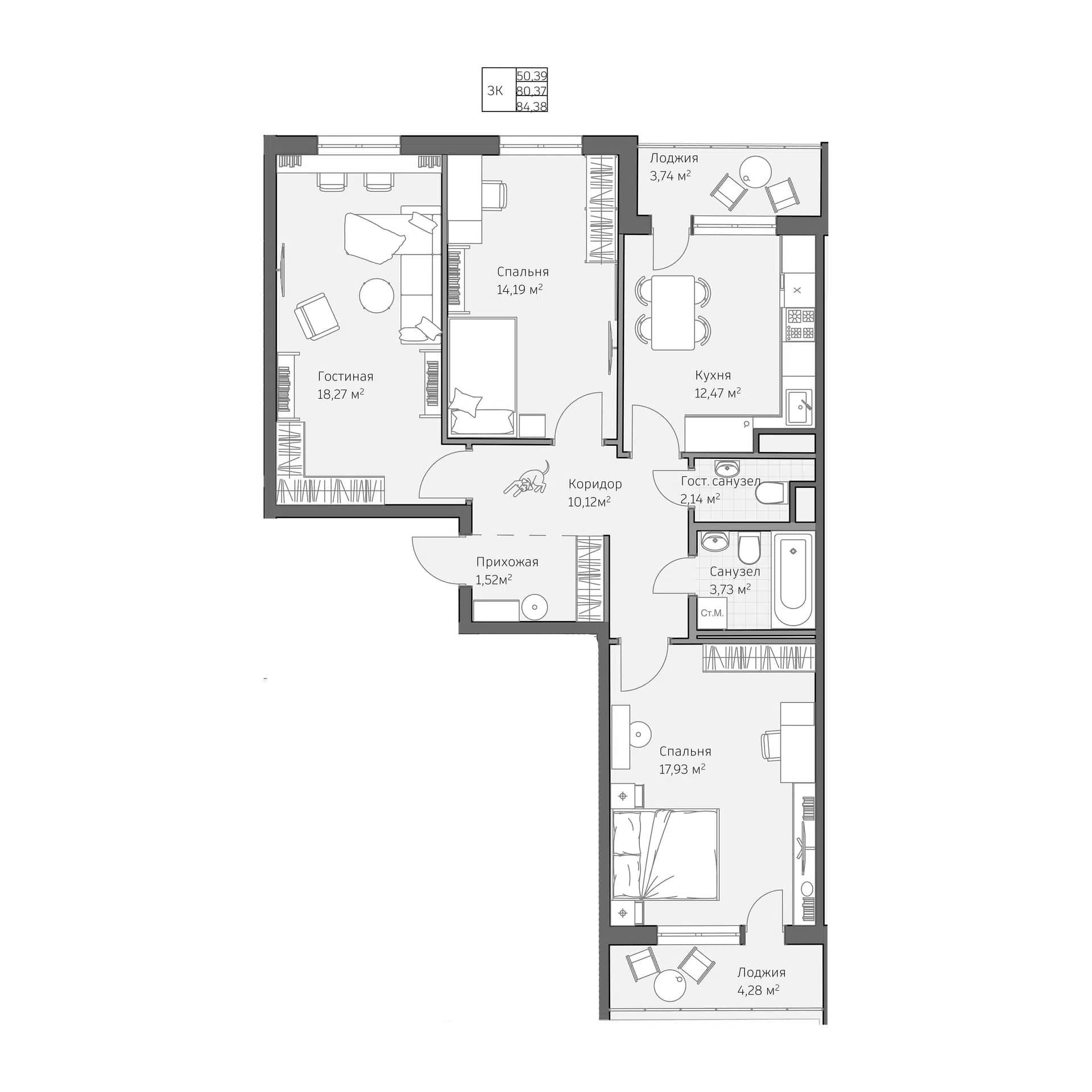 Планировка: 3-комнатная квартира, 84.38 м²