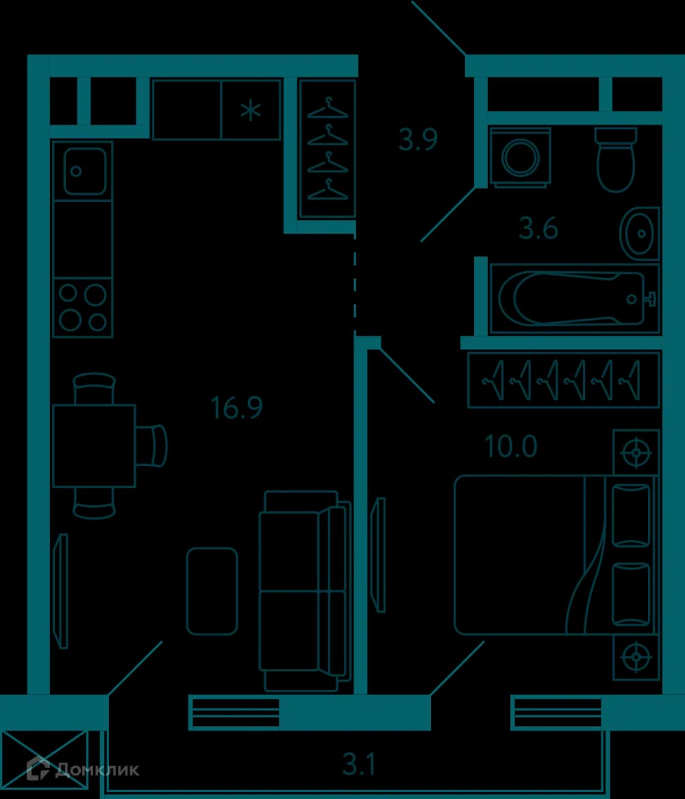 Планировка: 1-комнатная квартира, 35.3 м²