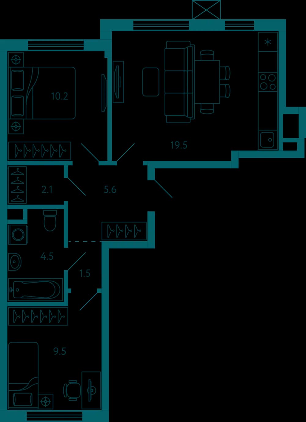 Планировка: 2-комнатная квартира, 52.9 м²