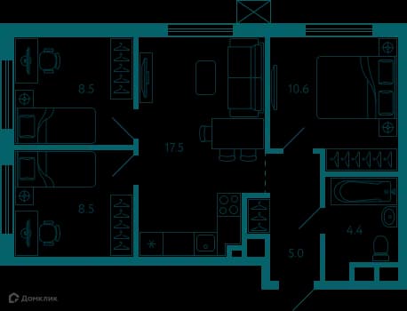 Планировка: 3-комнатная квартира, 54.5 м²